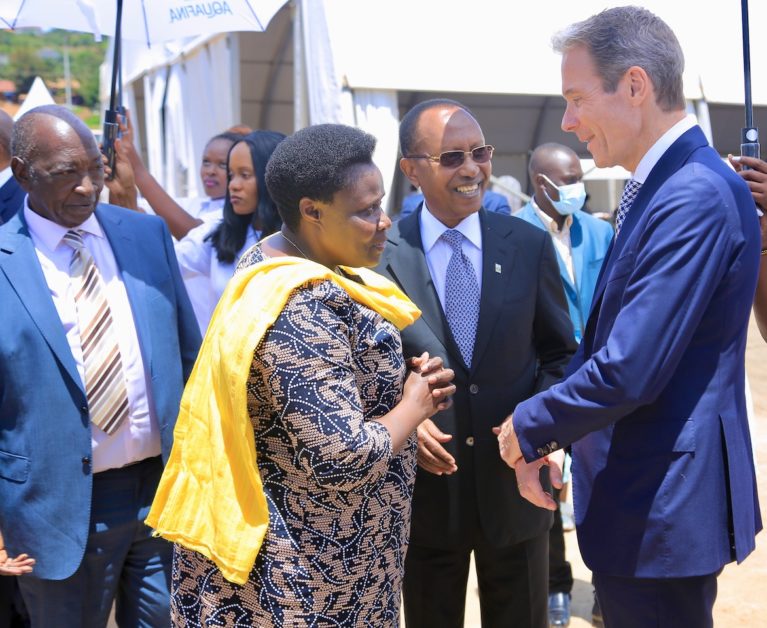 The Vice President of Uganda, Rtd Major. Jessica Alupo (2nd left) chats with Dr. Amos Nzeyi, the Crown Beverages Limited Executive Chairman (2nd right) and Eugene Willemsen, the PepsiCo CEO of the Africa, Middle East & South Asia (AMESA) region. With them is the Minister of Trade, Industry and Cooperatives, Hon. Francis Mwebesa (left).