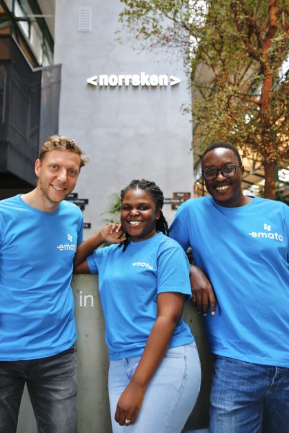 Bram van den Bosch with Lillian Nassanga Musoke the Emata Chief Product Officer, and Davis Agaba the CTO at the prestigious Norrsken accelerator in Stockholm, Sweden