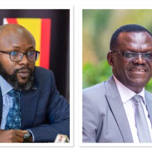 New Vision managing director Don Wanyama (left) and chairman Patrick Ayota, an audit report says, have to work on closing existing small leakages because they have the potential to worsen an already fragile financial position.