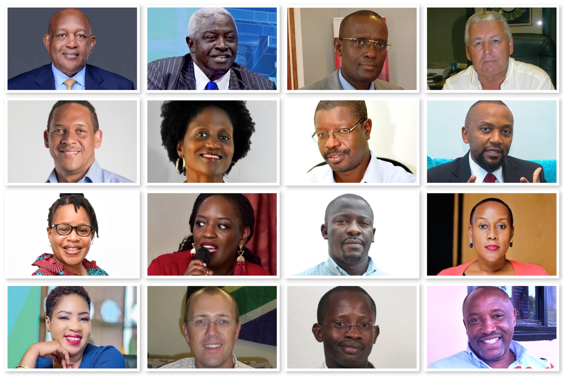 A photo collage of Charles Mbire, Wasswa Birigwa, Aimable Mpore, Noel Meier, Hans Paulsen, Susan Nsibirwa, Yesse Oenga, Phillip Besiimire, Cesear Mloka, Sheila Kangwagye, Justina Ntabgoba, Rita Okuthe, Erik van Veen, Isaac Nsereko, and Aggrey Kagonyera. These were the men and women who stood on the frontline to set the ball rolling to build the shape of the telecom sector today.