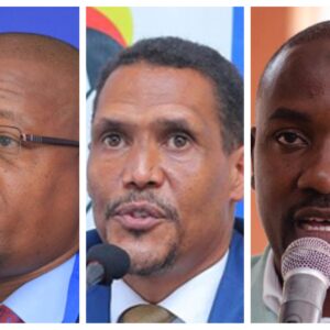 A photo collage of FUFU President Moses Magogo, FUFA Chief Executive Officer Edgar Watson, and Proline director Mujib Kasule: Whereas FUFA promises financial sustainability in the new Uganda Premier League format, clubs say it creates a new financial burden on big clubs, yet it was developed without their consultation.