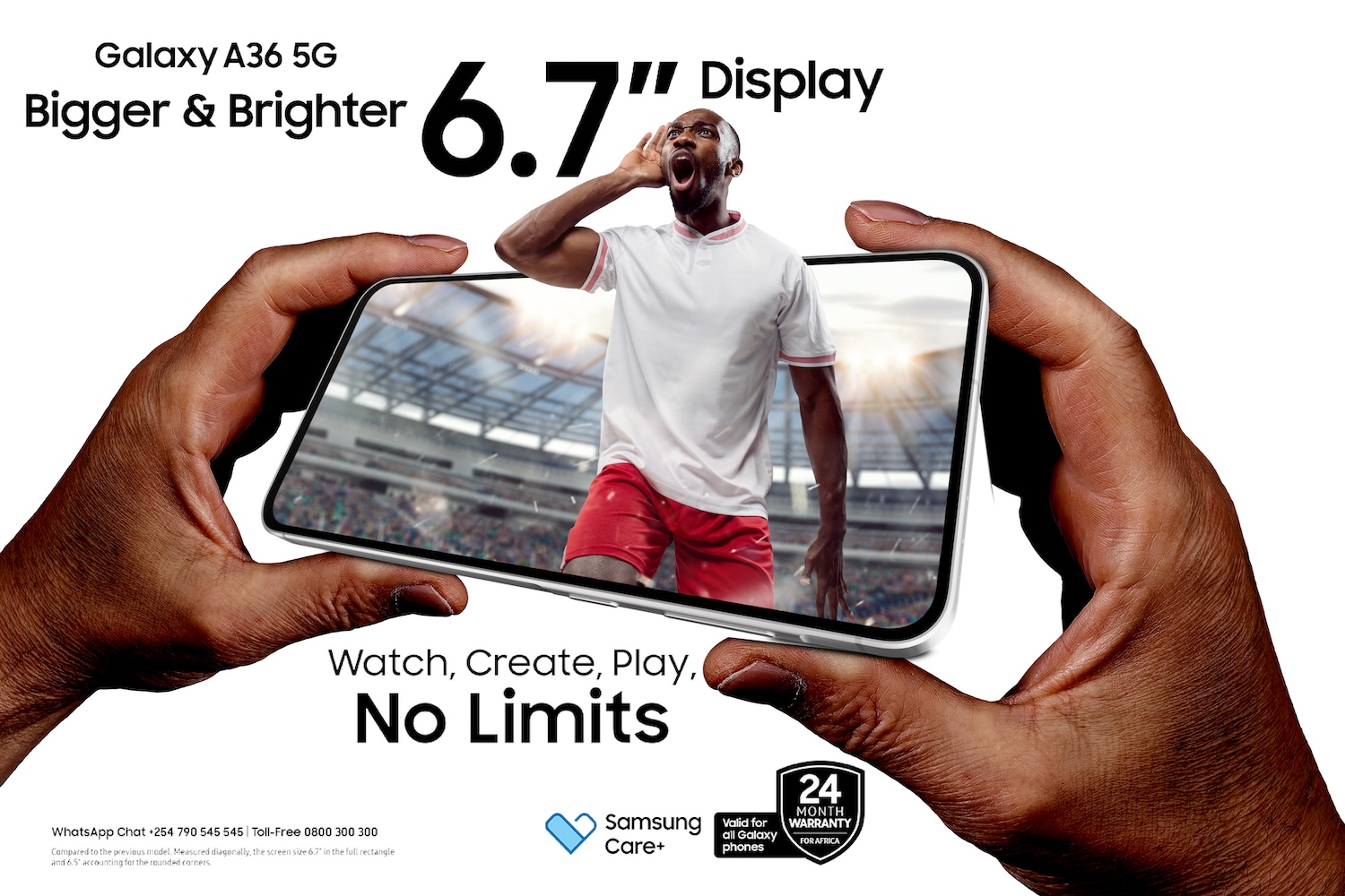 Hands holding a Samsung Galaxy A36 5G smartphone with a football player in red shorts and a white jersey appearing to burst out of the screen inside a stadium, highlighting its 6.7-inch display.