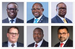 A photo collage of top Ugandan Bank CEOs. In the top row; Uganda Bankers Association Chairman and Postbank Managing Director- Julius Kakeeto, Centenary Bank Managing Director, Fabian Kasi, Stanbic Bank Uganda CEO, Mumba Kalifungwa. Bottom row: I&M Bank CEO, Robin Bairstow, Diamond Trust Bank CEO, Godfrey Sebaana and Standard Chartered CEO, Sanjay Rughani.