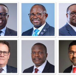 A photo collage of top Ugandan Bank CEOs. In the top row; Uganda Bankers Association Chairman and Postbank Managing Director- Julius Kakeeto, Centenary Bank Managing Director, Fabian Kasi, Stanbic Bank Uganda CEO, Mumba Kalifungwa. Bottom row: I&M Bank CEO, Robin Bairstow, Diamond Trust Bank CEO, Godfrey Sebaana and Standard Chartered CEO, Sanjay Rughani.