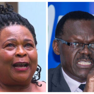 A photo collage of Goodra Tumusiime Behakanira and NSSF Managing Director Patrick Ayota. NSSF is seeking to recover money for the space occupied at a section of the former J&M Airport Road Hotel.