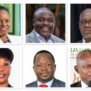 Collage of Ignite Lead Summit 2025 speakers and host. Clockwise from top left: Annet Nakawunde, Managing Director of Finance Trust Bank; Milton Steven Owor, Chief People & Culture Officer at NSSF; Geoffrey Kihuguru, CEO of Pental Insurance Brokers Ltd and President of the Institute of Corporate Governance of Uganda; Ssegawa Ronald Gyagenda, Retired Under Secretary, Ministry of Agriculture; Francis Ogwang, Country Manager for Uganda at the East African Development Bank; and Monica Sanyu, CEO of MP3 TalentSync Solutions Ltd.