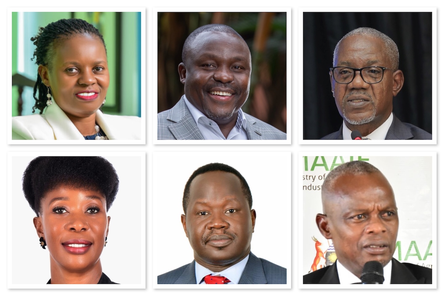 Collage of Ignite Lead Summit 2025 speakers and host. Clockwise from top left: Annet Nakawunde, Managing Director of Finance Trust Bank; Milton Steven Owor, Chief People & Culture Officer at NSSF; Geoffrey Kihuguru, CEO of Pental Insurance Brokers Ltd and President of the Institute of Corporate Governance of Uganda; Ssegawa Ronald Gyagenda, Retired Under Secretary, Ministry of Agriculture; Francis Ogwang, Country Manager for Uganda at the East African Development Bank; and Monica Sanyu, CEO of MP3 TalentSync Solutions Ltd.