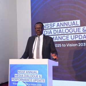 NSSF’s 2024/25 Annual Performance at a glance — Assets Under Management rose 17.5% to UGX 26 trillion, total revenue grew 11% to UGX 3.52 trillion, and the Fund achieved record efficiency with a cost-to-income ratio of 7.9% and cost of administration at 0.88%. Member contributions reached UGX 2.13 trillion, benefits paid increased to UGX 1.32 trillion, voluntary Smartlife Flexi savings hit UGX 27 billion, and customer satisfaction stood at 88%.