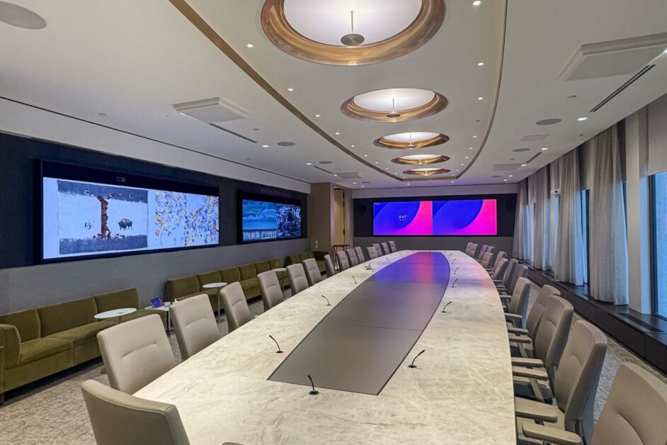 Modern African boardroom equipped with PRO AV Africa’s integrated audio-visual solutions, featuring interactive displays, video conferencing systems, wireless presentation tools, and smart room automation for seamless collaboration and high-level decision-making.