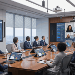 Modern African boardroom equipped with PRO AV Africa’s integrated audio-visual solutions, featuring interactive displays, video conferencing systems, wireless presentation tools, and smart room automation for seamless collaboration and high-level decision-making.
