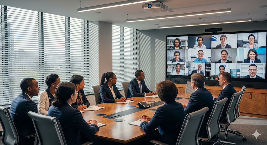 Modern African boardroom equipped with PRO AV Africa’s integrated audio-visual solutions, featuring interactive displays, video conferencing systems, wireless presentation tools, and smart room automation for seamless collaboration and high-level decision-making.