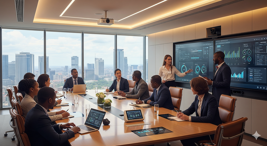 Modern African boardroom equipped with PRO AV Africa’s integrated audio-visual solutions, featuring interactive displays, video conferencing systems, wireless presentation tools, and smart room automation for seamless collaboration and high-level decision-making.