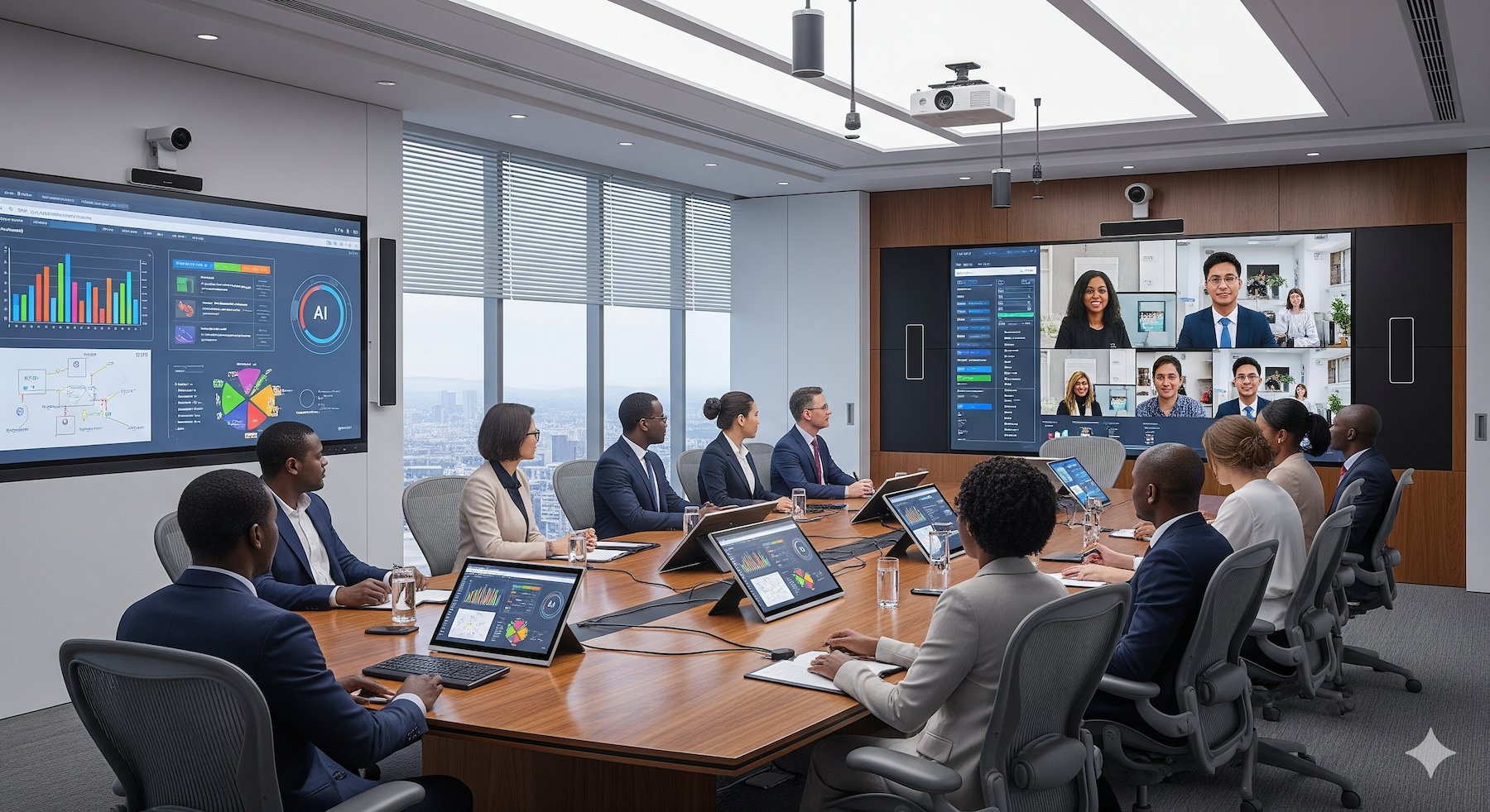 Modern African boardroom equipped with PRO AV Africa’s integrated audio-visual solutions, featuring interactive displays, video conferencing systems, wireless presentation tools, and smart room automation for seamless collaboration and high-level decision-making.