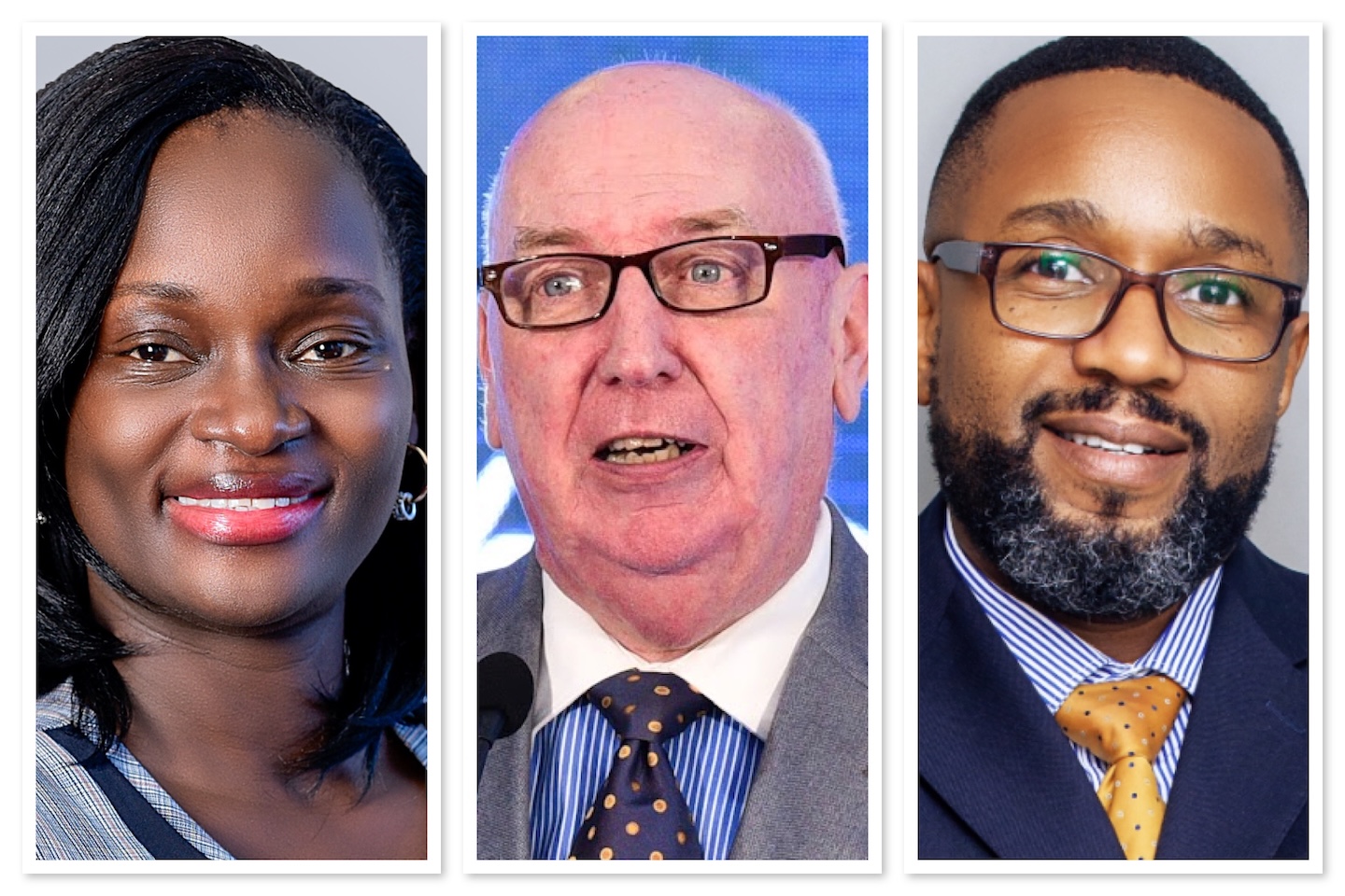 Photo collage showing Ruth Namuli, incoming CEO of SanlamAllianz Uganda General Insurance; Gary Corbit, CEO of SanlamAllianz Life; and Paul Kavuma, outgoing CEO of Jubilee Allianz Uganda, posed in professional headshots.