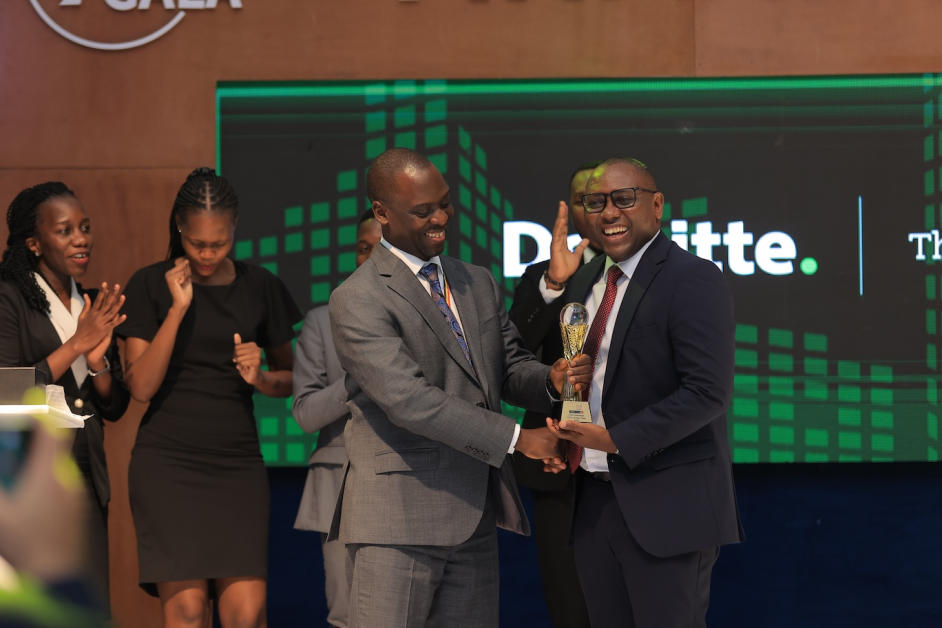 Peter Ssenyange, CFO of PostBank Uganda (now Pearl Bank Uganda Ltd), smiles as he receives the CFO of the Year 2025 award from James Bantu, Assistant Auditor General, during the 9th Uganda CFO Awards at the Kampala Serena Hotel. The moment captures his journey of discipline, innovation, and people-centered leadership that has redefined the modern CFO’s role in Uganda.
