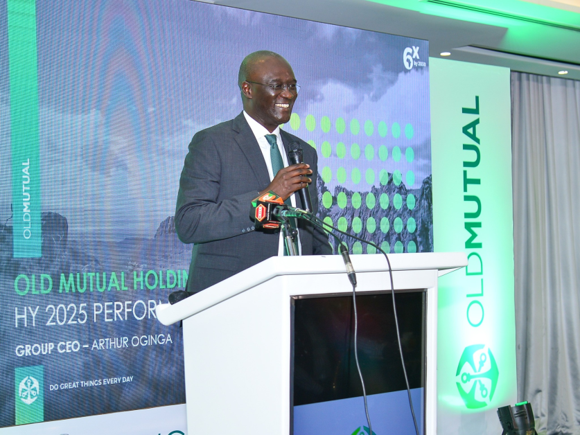 Arthur Oginga, Group CEO of Old Mutual East Africa, addresses analysts and investors during the release of the Group’s Half-Year 2025 results in Nairobi — defending a disciplined, long-game transformation strategy amid profit dips and mounting market headwinds.