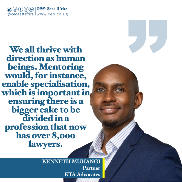 Kenneth Muhangi, a distinguished Ugandan lawyer, lecturer, and reform advocate, is pictured standing confidently in a professional setting, dressed in a navy-blue suit and a light-striped shirt. He is a Partner at KTA Advocates, a leading law firm specializing in technology, intellectual property, sustainability, and policy law. Known for his calm, thoughtful demeanor and sharp intellect, Kenneth embodies a new generation of legal leadership rooted in integrity, practical service, and ethical reform. His career reflects a commitment to mentorship, innovation, and institutional strengthening, while his personal philosophy balances impact, mindfulness, and faith-based purpose. Through his work in Uganda and across East Africa, he continues to champion technology-driven legal reform, education, and empowerment of young lawyers, promoting a legal profession defined by discipline, collaboration, and social responsibility.