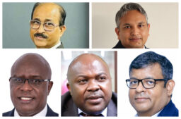 A photo collage of Bank of Baroda Managing Director Shashi Dhar, Quality Chemical Managing Director Ajay Kumar Pal, Stanbic Holdings Chief Executive Francis Karuhanga, Umeme Managing Director Selestino Babungi, and Airtel Uganda Managing Director Soumendra Sahu. The five companies delivered standout returns for the period between January and September 2025.
