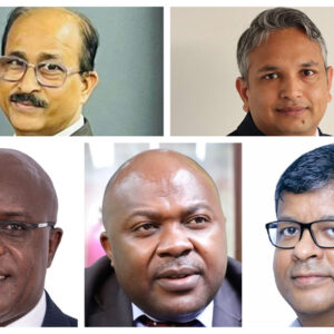 A photo collage of Bank of Baroda Managing Director Shashi Dhar, Quality Chemical Managing Director Ajay Kumar Pal, Stanbic Holdings Chief Executive Francis Karuhanga, Umeme Managing Director Selestino Babungi, and Airtel Uganda Managing Director Soumendra Sahu. The five companies delivered standout returns for the period between January and September 2025.