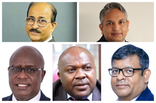 A photo collage of Bank of Baroda Managing Director Shashi Dhar, Quality Chemical Managing Director Ajay Kumar Pal, Stanbic Holdings Chief Executive Francis Karuhanga, Umeme Managing Director Selestino Babungi, and Airtel Uganda Managing Director Soumendra Sahu. The five companies delivered standout returns for the period between January and September 2025.