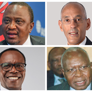 A photo collage of former Kenyan president Uhuru Kenyatta, NCBA Group chairman James P. M. Ndegwa, NCBA Group managing director John Gachora, and former Kenyan minister, the late Simeon Nyachae, whose family maintains a substantial holding in NCBA Group. If Standard Bank, which trades as Stanbic in Uganda and Kenya, takes over NCBA Group, the key figures above, whose families are represented by different individuals as shareholders, will be some of the biggest beneficiaries from either a windfall in the form of a payout or a shareholder value addition derived from an enlarged regional banking powerhouse.