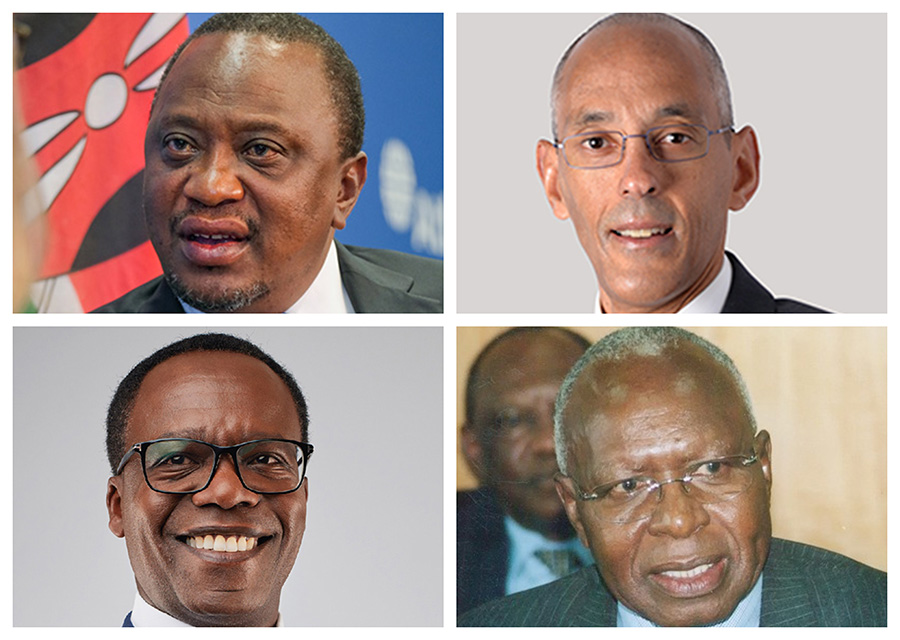 A photo collage of former Kenyan president Uhuru Kenyatta, NCBA Group chairman James P. M. Ndegwa, NCBA Group managing director John Gachora, and former Kenyan minister, the late Simeon Nyachae, whose family maintains a substantial holding in NCBA Group. If Standard Bank, which trades as Stanbic in Uganda and Kenya, takes over NCBA Group, the key figures above, whose families are represented by different individuals as shareholders, will be some of the biggest beneficiaries from either a windfall in the form of a payout or a shareholder value addition derived from an enlarged regional banking powerhouse.
