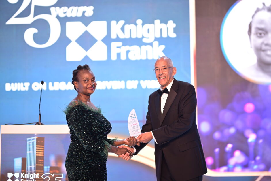 Photos from Knight Frank Uganda’s 25th Anniversary Gala featuring Judy Rugasira Kyanda, the Knight Frank Uganda Board, African regional CEOs, award recipients, long-service honorees, and staff forming a “25” to celebrate the company’s legacy, professionalism, and commitment to real estate excellence.