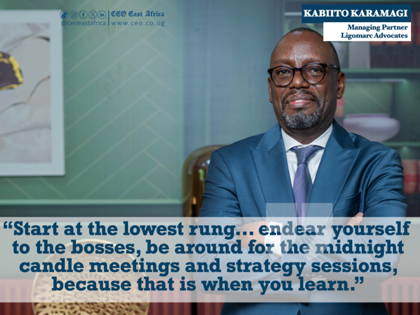 Portrait of Kabiito Karamagi, Managing Partner at Ligomarc Advocates, photographed for a CEO East Africa Magazine feature on legal leadership, integrity, judicial reform, insolvency practice, mentorship, and the future of legal practice in Uganda.