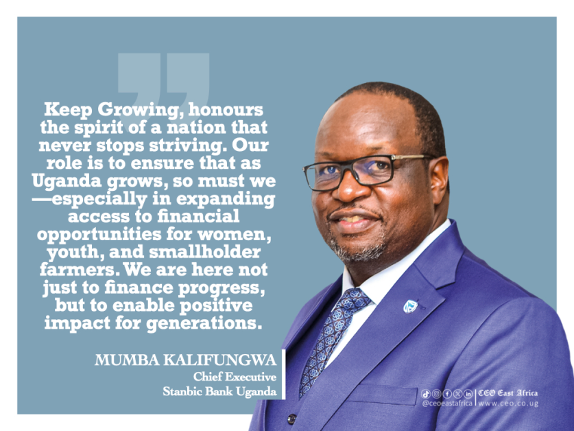 Stanbic Bank Uganda senior leadership portraits featuring executives alongside key messages from the Keep Growing campaign, highlighting the bank’s commitment to financial inclusion, national development, and household prosperity.