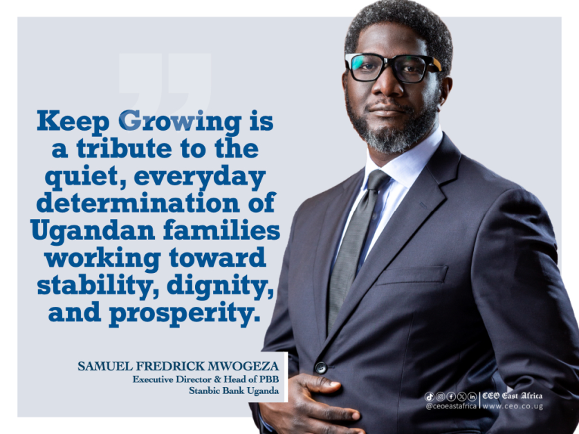 Stanbic Bank Uganda senior leadership portraits featuring executives alongside key messages from the Keep Growing campaign, highlighting the bank’s commitment to financial inclusion, national development, and household prosperity.