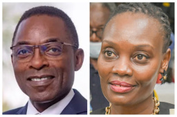A photo collage of Cornwell Muleya and Uganda Airlines chief executive officer Jenifer Bamuturaki. Muleya was controversially replaced by Bamuturaki after he was sacked and dragged to court over alleged mismanagement of the airline.