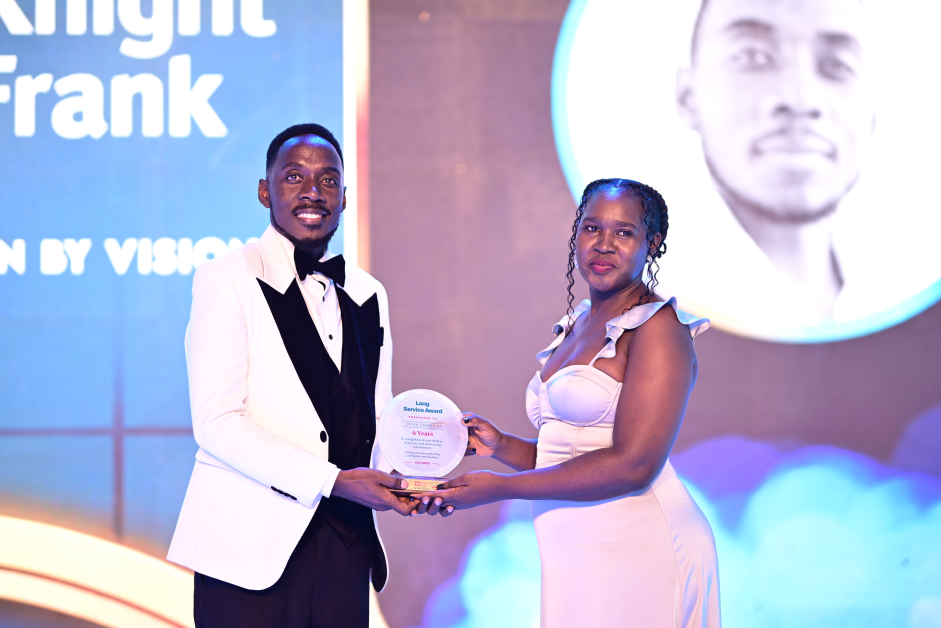 Photos from Knight Frank Uganda’s 25th Anniversary Gala featuring Judy Rugasira Kyanda, the Knight Frank Uganda Board, African regional CEOs, award recipients, long-service honorees, and staff forming a “25” to celebrate the company’s legacy, professionalism, and commitment to real estate excellence.