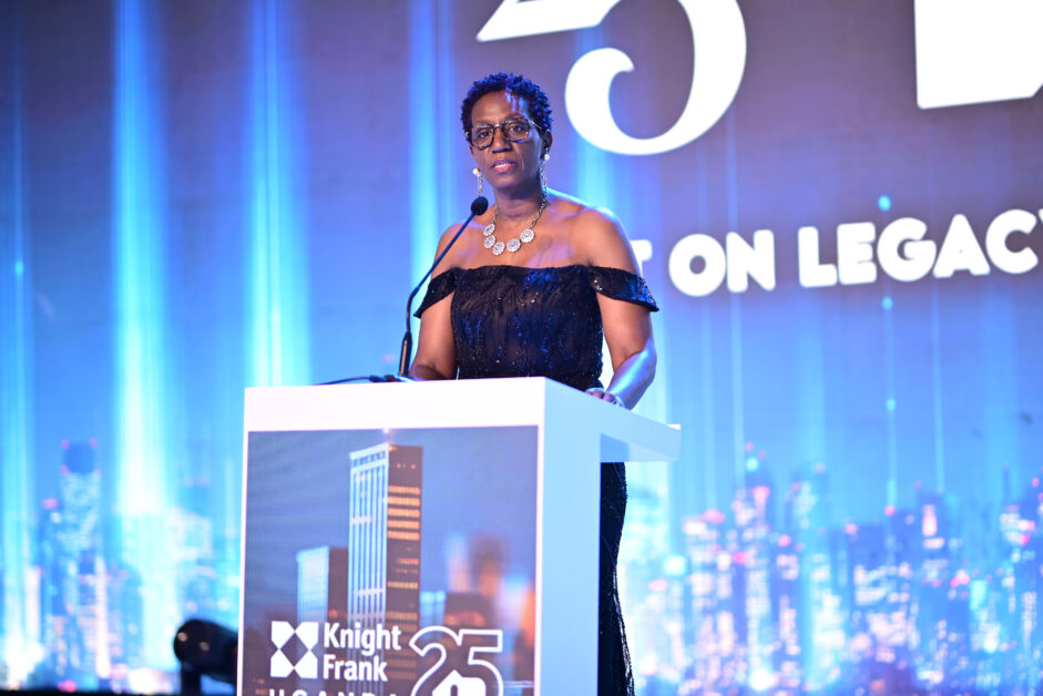 Photos from Knight Frank Uganda’s 25th Anniversary Gala featuring Judy Rugasira Kyanda, the Knight Frank Uganda Board, African regional CEOs, award recipients, long-service honorees, and staff forming a “25” to celebrate the company’s legacy, professionalism, and commitment to real estate excellence.