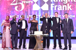 Photos from Knight Frank Uganda’s 25th Anniversary Gala featuring Judy Rugasira Kyanda, the Knight Frank Uganda Board, African regional CEOs, award recipients, long-service honorees, and staff forming a “25” to celebrate the company’s legacy, professionalism, and commitment to real estate excellence.