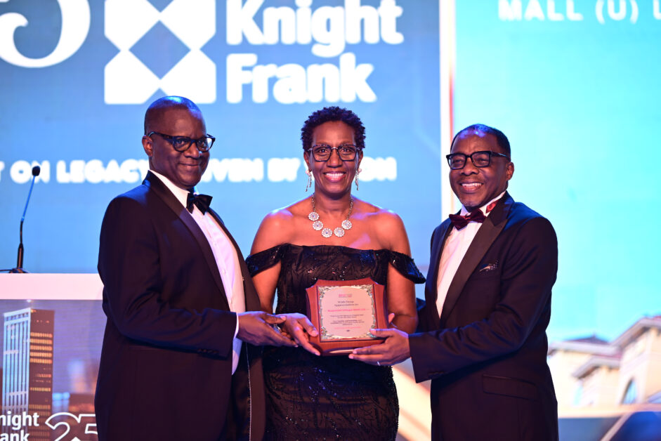 Photos from Knight Frank Uganda’s 25th Anniversary Gala featuring Judy Rugasira Kyanda, the Knight Frank Uganda Board, African regional CEOs, award recipients, long-service honorees, and staff forming a “25” to celebrate the company’s legacy, professionalism, and commitment to real estate excellence.