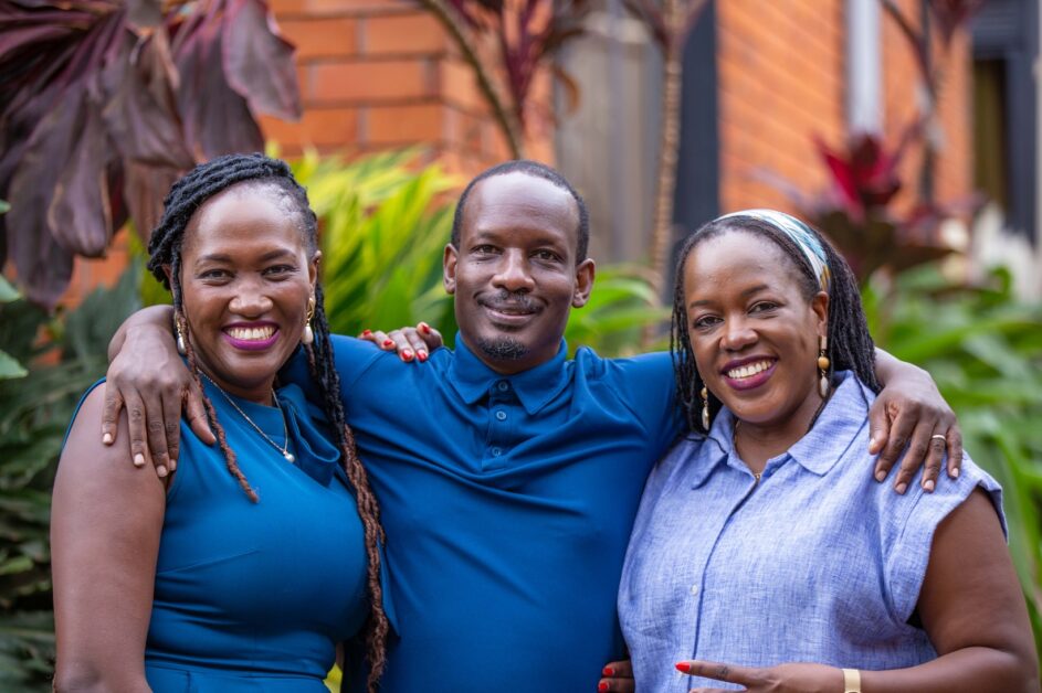 A series of portraits showing the Rwakatungu siblings together and individually, smiling and interacting naturally in indoor and outdoor settings, reflecting family unity, resilience, shared values, and the influence of their father on their journeys into leadership across banking, audit, and entrepreneurship.