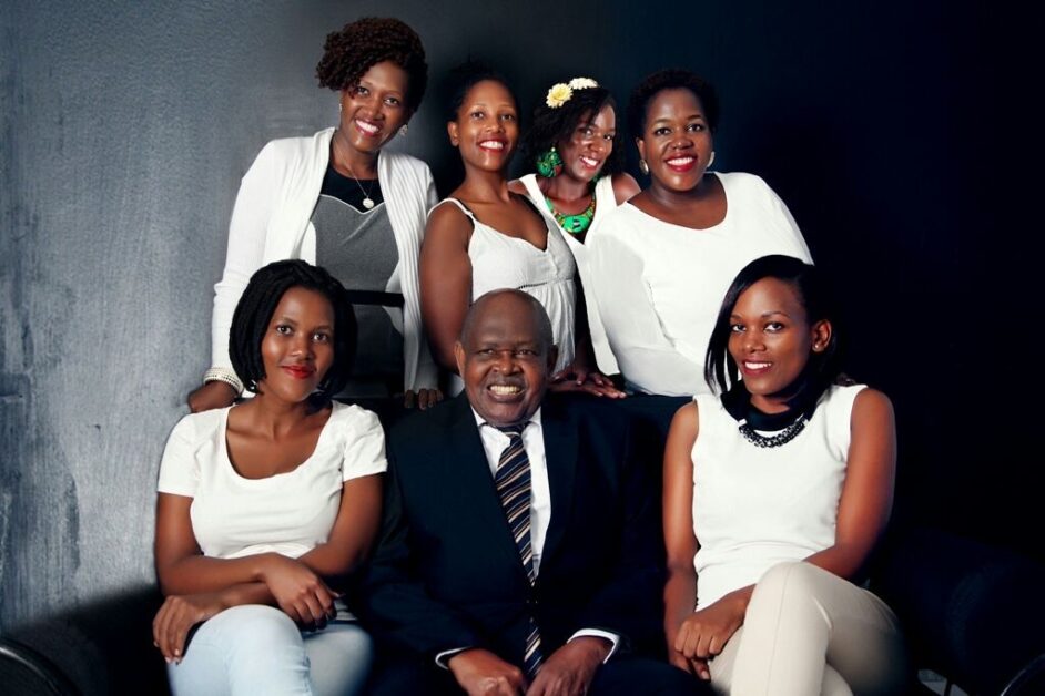 A series of portraits showing the Rwakatungu siblings together and individually, smiling and interacting naturally in indoor and outdoor settings, reflecting family unity, resilience, shared values, and the influence of their father on their journeys into leadership across banking, audit, and entrepreneurship.