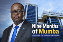 A lead graphic showing Mumba Kalifungwa, Chief Executive of Stanbic Bank Uganda, set against the Stanbic Bank headquarters in Kampala. The image accompanies the feature “Nine Months of Mumba,” which examines Kalifungwa’s early tenure and asks whether Stanbic can convert its balance-sheet scale and regional integration into faster, sustainable growth.