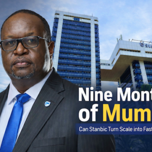 A lead graphic showing Mumba Kalifungwa, Chief Executive of Stanbic Bank Uganda, set against the Stanbic Bank headquarters in Kampala. The image accompanies the feature “Nine Months of Mumba,” which examines Kalifungwa’s early tenure and asks whether Stanbic can convert its balance-sheet scale and regional integration into faster, sustainable growth.