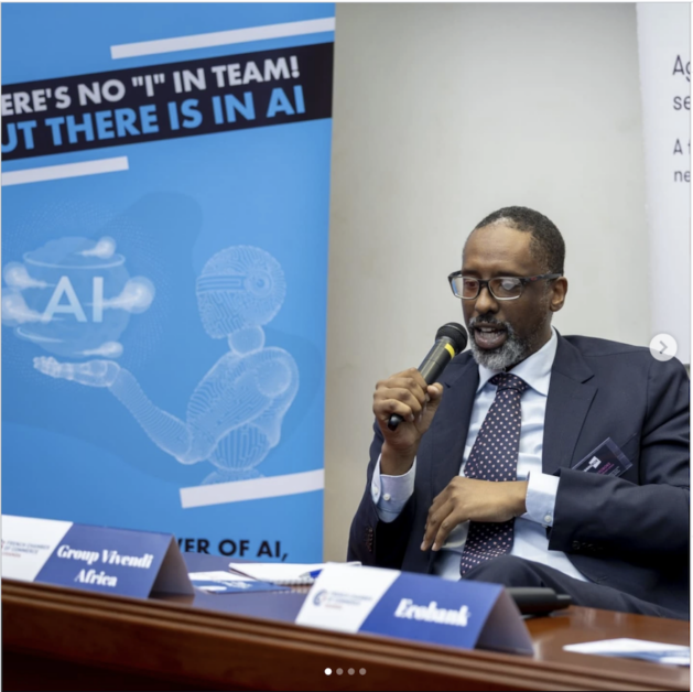 Julius Kayoboke, Regional CEO of CanalBox, speaking on artificial intelligence during the French Week Business Forum 2025 in Uganda.