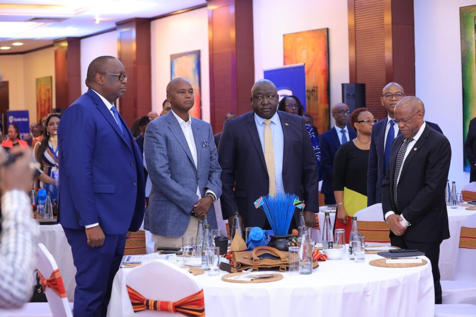 Mumba Kalifungwa with Standard Bank Group regional executives, government officials and Stanbic Bank Uganda board members at the October 2025 Stanbic East Africa Business Summit in Kampala.