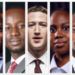 Adlegal founders Aziz Kitaka, Luke Kamoga, Patience Ayesigye, and Murere Nicholas positioned around Meta CEO Mark Zuckerberg in a symbolic portrait about Uganda’s data protection ruling.
