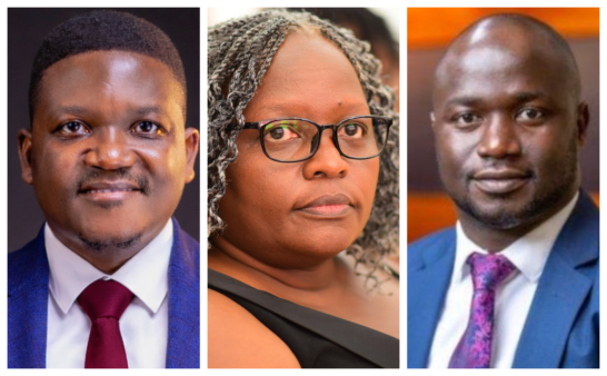 Portrait collage of Andrew Kawesa Ssebwalunnyo of Hariss International, Sylvia Mulomi of Stanbic Bank Uganda, and HR practitioner Moses Mbubi Witta discussing leadership retention and talent management in Uganda.