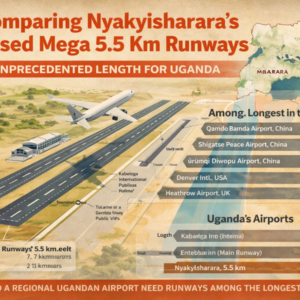 A visual comparison of Nyakyisharara’s proposed 5.5-kilometre runways against Uganda’s existing airports and some of the world’s longest. If built as outlined in the President’s letter, Mbarara’s new airport would surpass Entebbe and Hoima, and rival elite high-altitude giants in China, raising questions about scale and necessity.