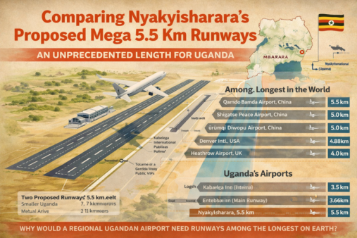 A visual comparison of Nyakyisharara’s proposed 5.5-kilometre runways against Uganda’s existing airports and some of the world’s longest. If built as outlined in the President’s letter, Mbarara’s new airport would surpass Entebbe and Hoima, and rival elite high-altitude giants in China, raising questions about scale and necessity.