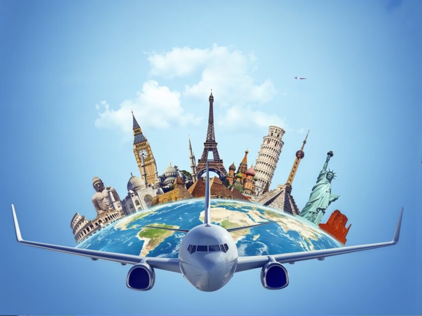 Airplane flying from a globe surrounded by global landmarks, representing Smart Insights guiding students toward diverse international study destinations.