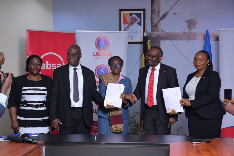 Paul Mwesigwa (2nd left), Managing Director of Uganda Electricity Distribution Company Limited (UEDCL), and David Wandera (2nd right), Managing Director of Absa Bank Uganda, during the signing of a US$50 million financing agreement in December 2025 to support electricity distribution infrastructure—part of Absa’s broader push to finance the critical energy and infrastructure investments underpinning East Africa’s economic growth.