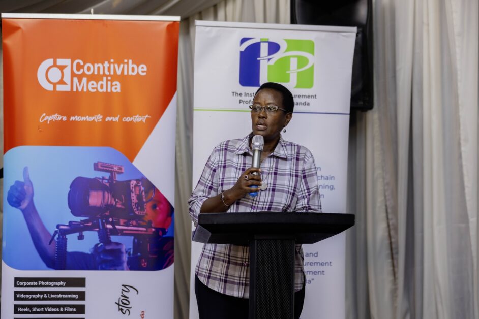 Pelly Mugasi, Emeritus Director Procurement at the Bank of Uganda and Chairperson of the day, speaking at the IPPU Coffee Connect, emphasizing teamwork, collaboration, and the power of professional networks in driving effective procurement practice. She is also the former Chair of the IPPU Governing Council.