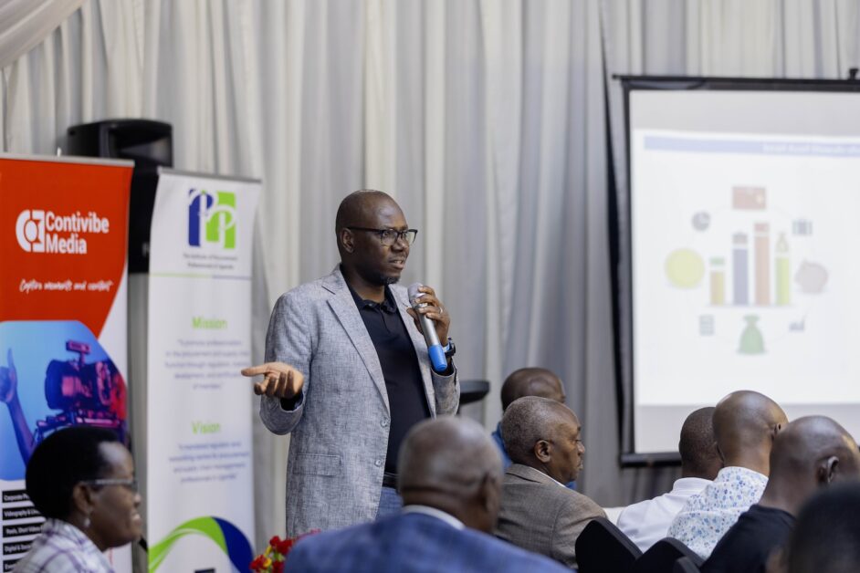 Geoffrey Waiswa Sajjabi, Chief Commercial Officer at the National Social Security Fund (NSSF), delivers the keynote address at the IPPU Coffee Connect, emphasizing that “there is no better time to plan for retirement than when you are still young,” and urging procurement professionals to rethink retirement planning amid rising life expectancy and declining savings.