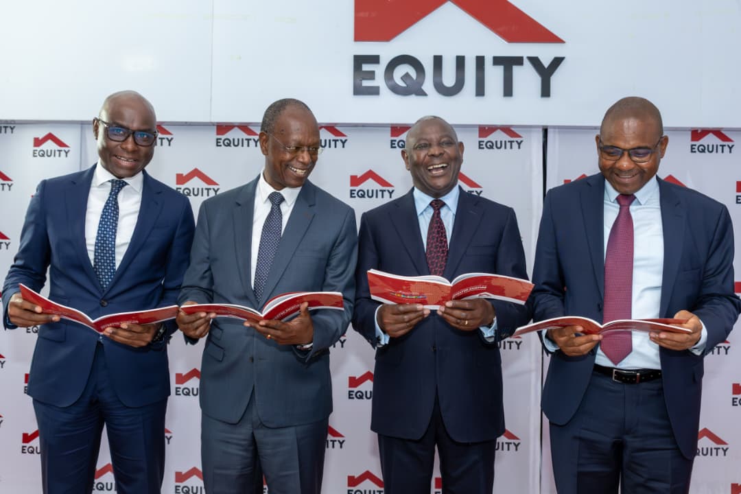 From L-R: Equity Bank Uganda Executive Director, Claver Serumaga, Equity Group Chairman, Prof Isaac Macharia, Group Managing Director and CEO, Dr James Mwangi, and Equity Bank Uganda Managing Director, Gift Shoko, during the 2025 Investor Briefing event.